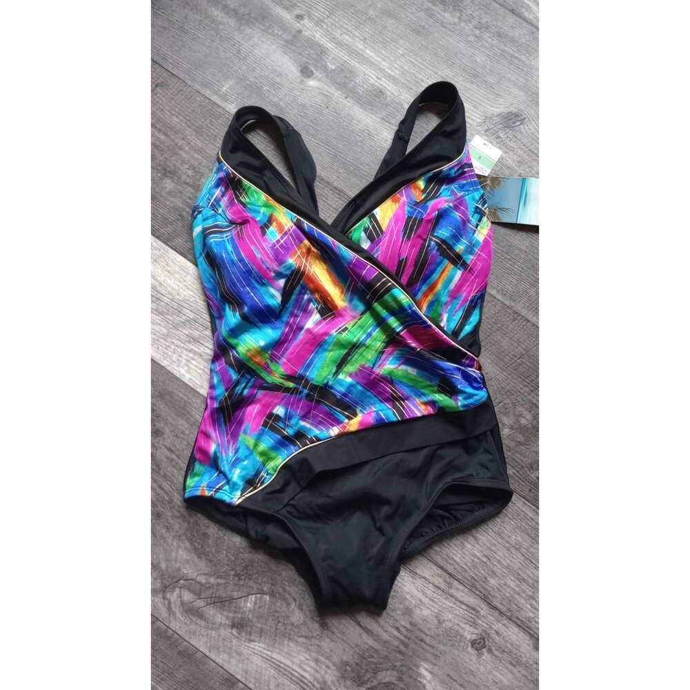 Studio Works Women's 8 Abstract Design On Top Black On Bottom Swimsuit NWT